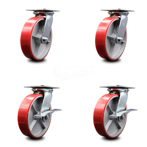 Service Caster 8 Inch Red Poly on Cast Iron Swivel Caster Set with Roller Bearings 2 Brakes SCC-35S820-PUR-RS-2-SLB-2